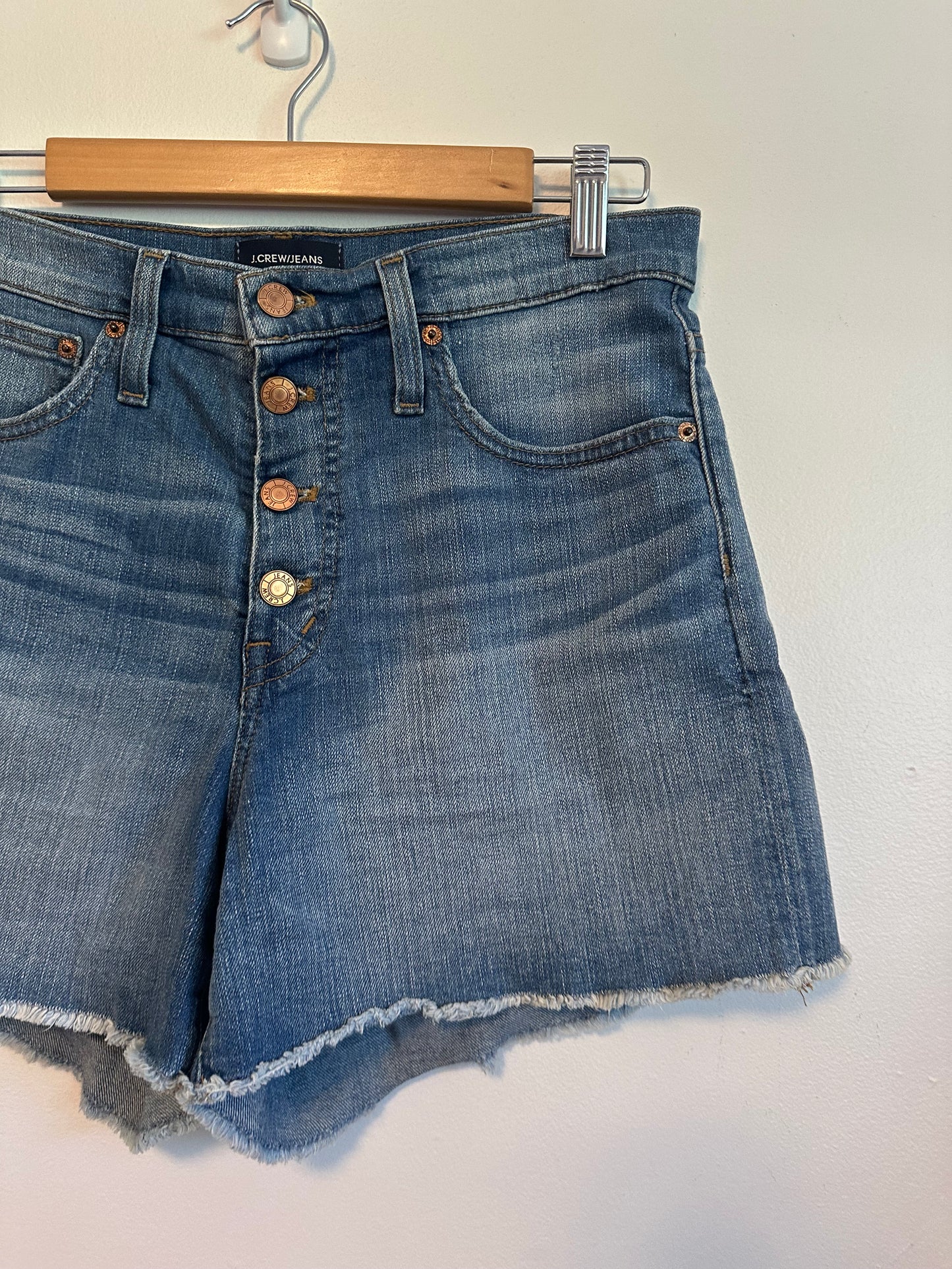 J. Crew High Rise Denim Button Fly Raw Hem Jean Shorts | Size 27