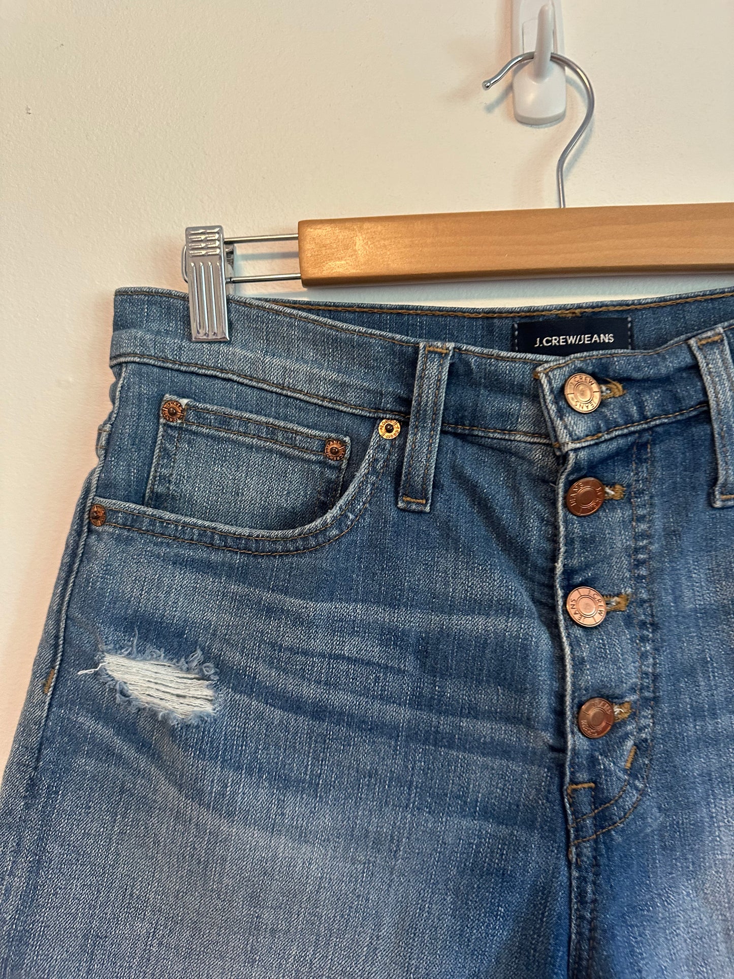 J. Crew High Rise Denim Button Fly Raw Hem Jean Shorts | Size 27