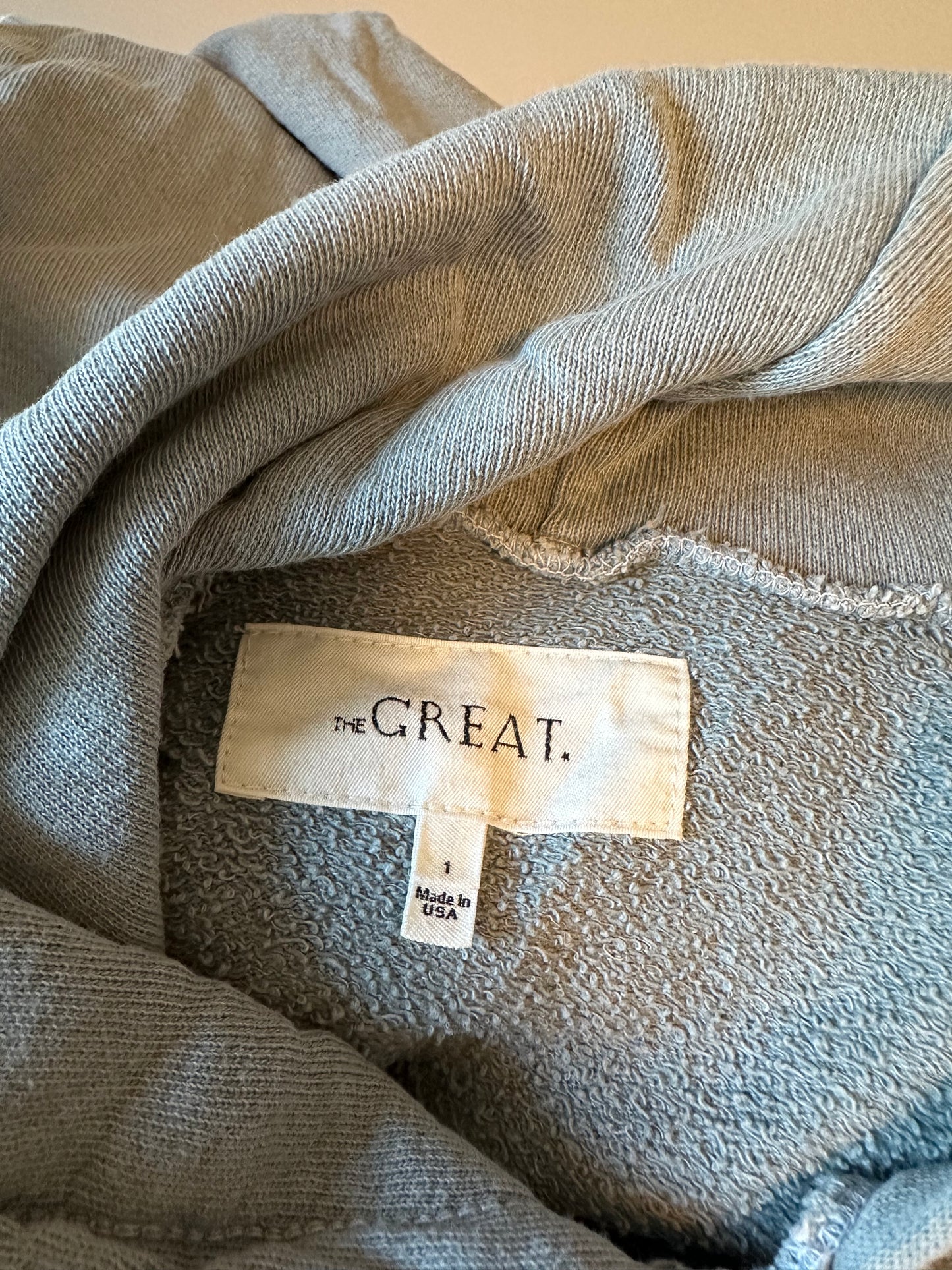THE GREAT. Dusty Blue Cotton French Terry Raglan Hoodie | Size 1 (Small)
