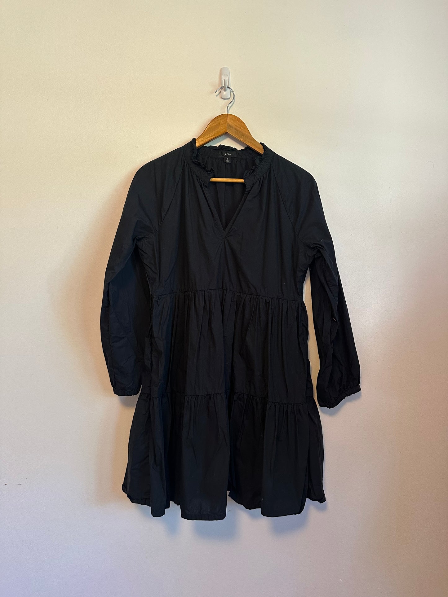 J. Crew Black Cotton Poplin Tiered Ruffle V-Neck Mini Dress | Size Small