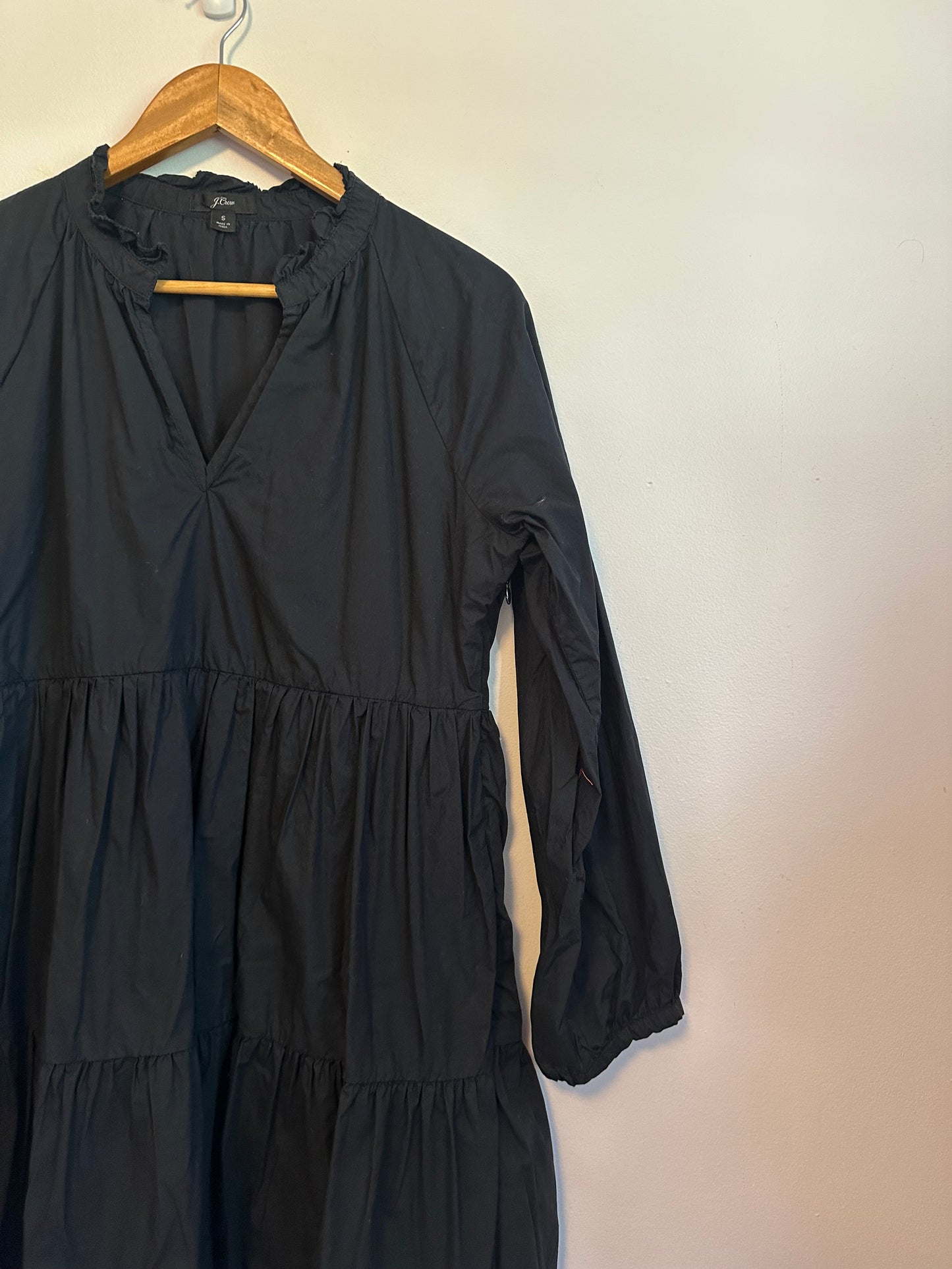 J. Crew Black Cotton Poplin Tiered Ruffle V-Neck Mini Dress | Size Small