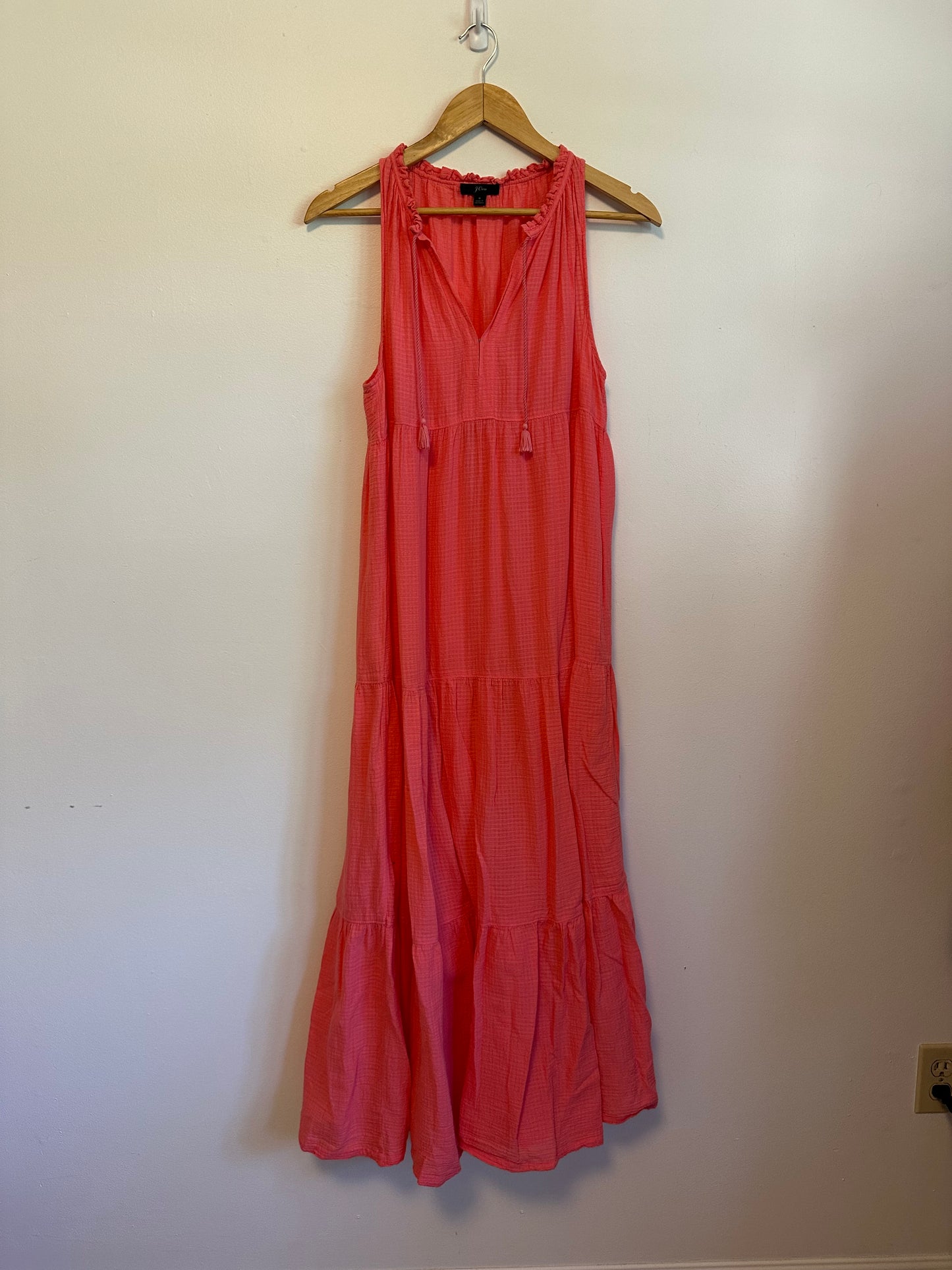 J. Crew Coral Pink Tiered Sleeveless Tassel V-Neck Dress | Size Small