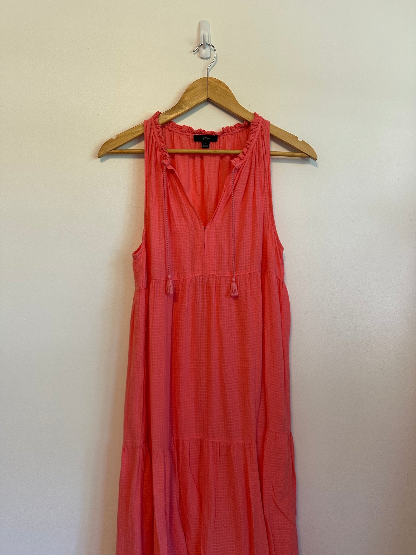 J. Crew Coral Pink Tiered Sleeveless Tassel V-Neck Dress | Size Small