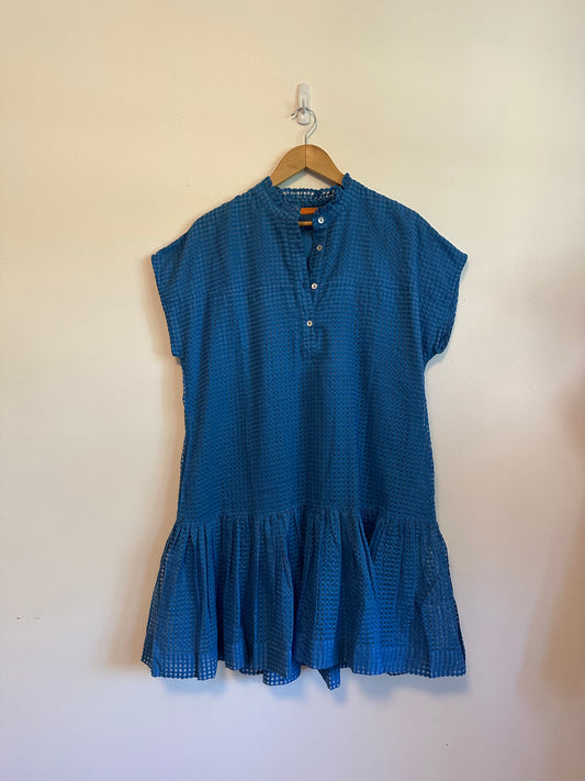 Oliphant Blue Textured Grid Ruffle Neck Drop Waist Flounce Mini Dress | Size Medium