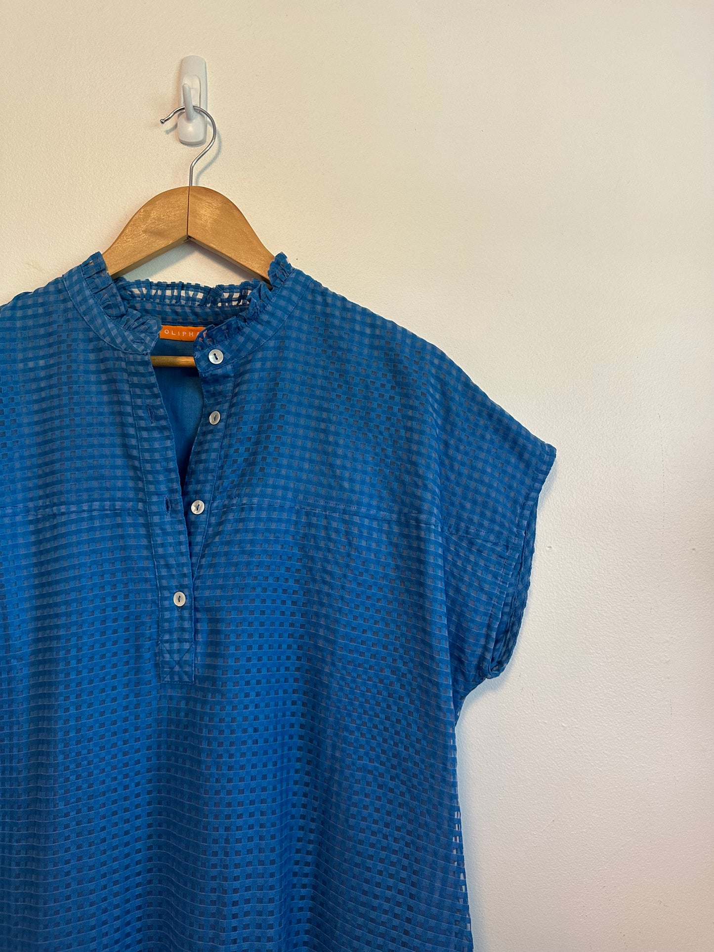 Oliphant Blue Textured Grid Ruffle Neck Drop Waist Flounce Mini Dress | Size Medium