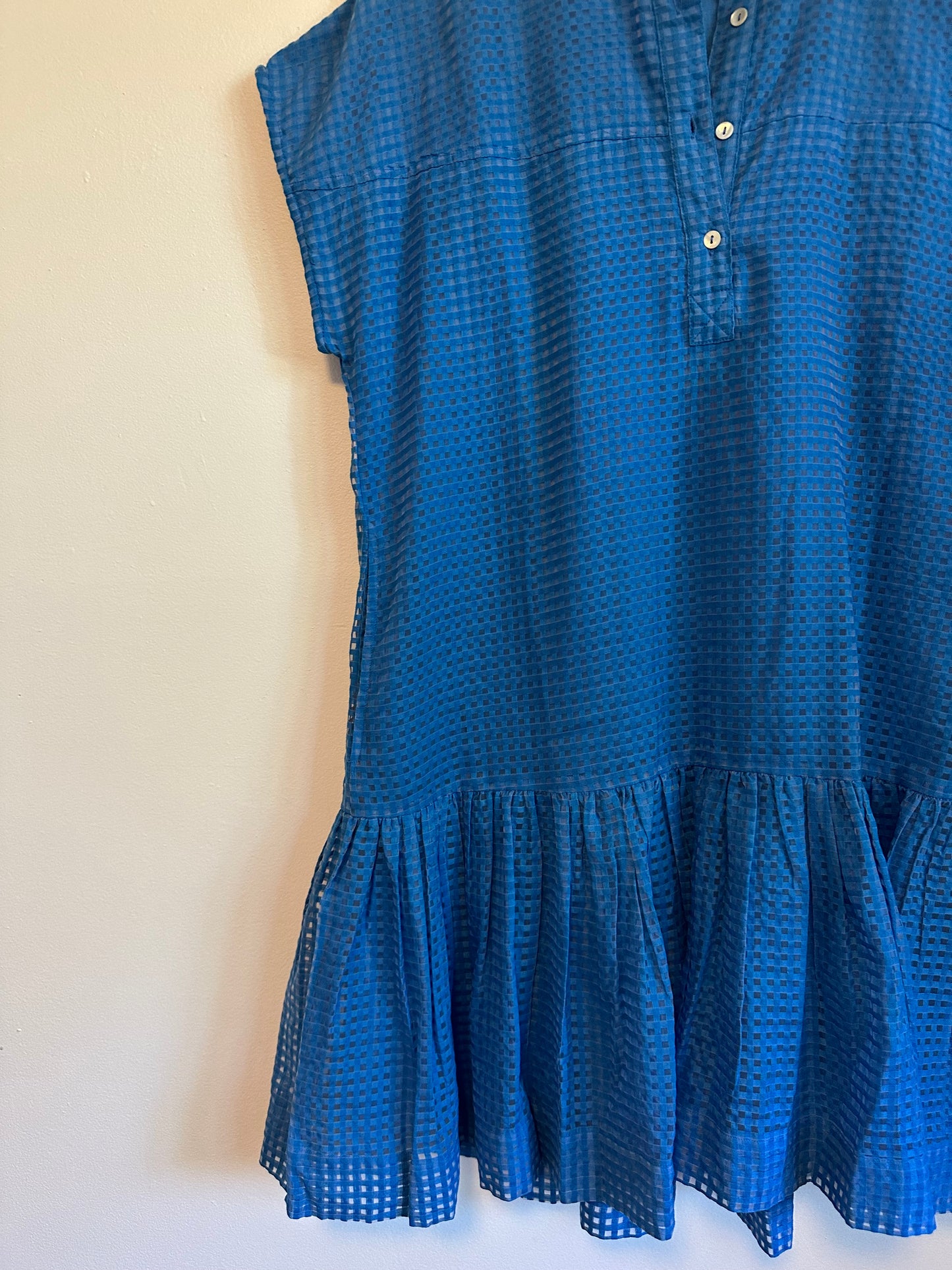 Oliphant Blue Textured Grid Ruffle Neck Drop Waist Flounce Mini Dress | Size Medium