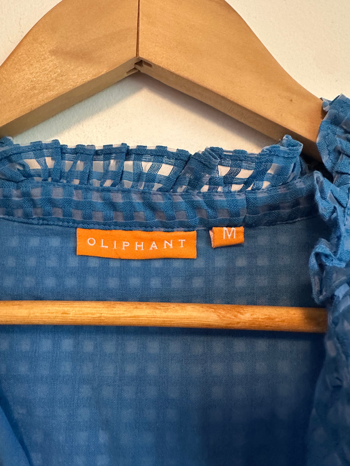 Oliphant Blue Textured Grid Ruffle Neck Drop Waist Flounce Mini Dress | Size Medium
