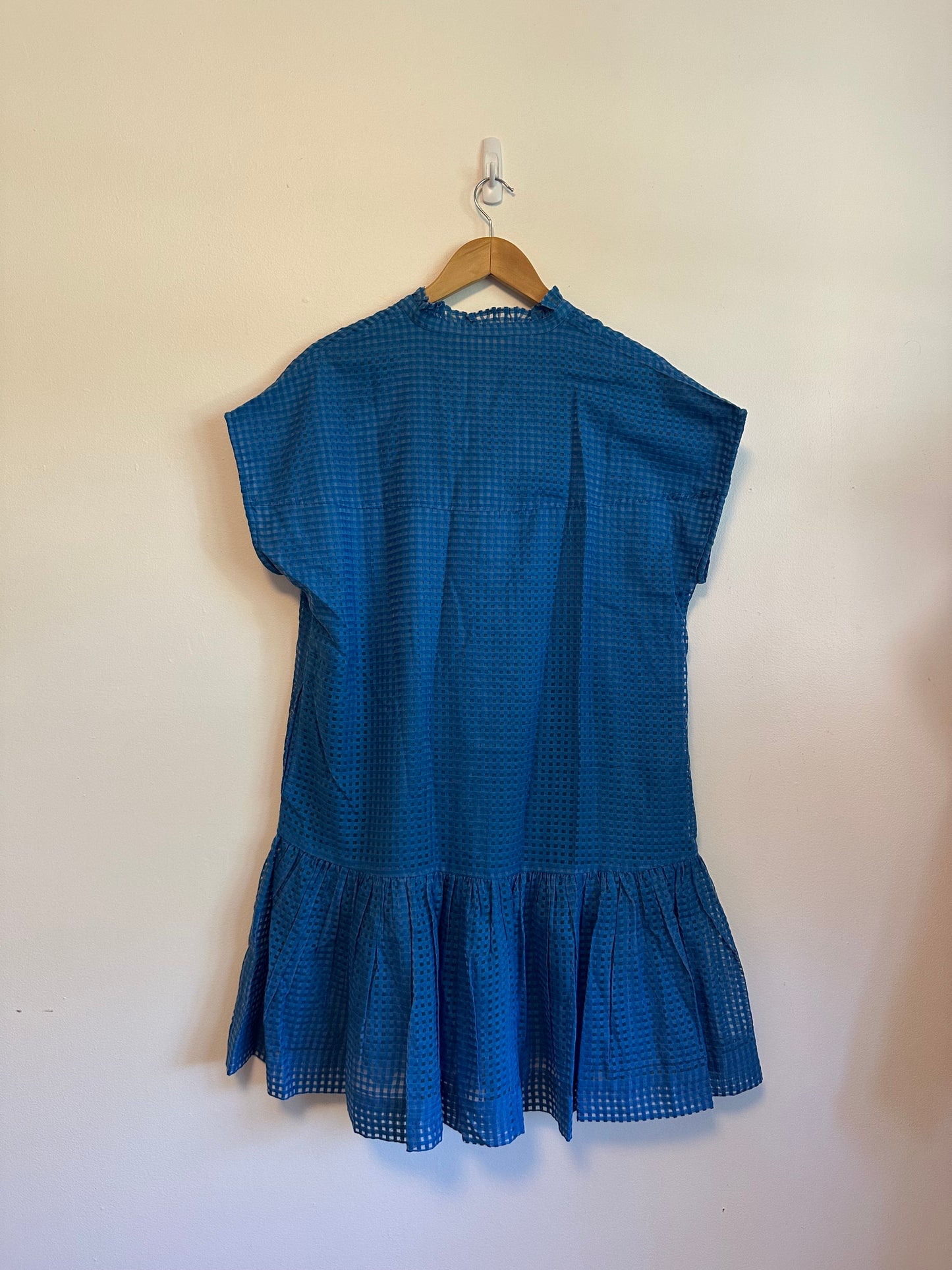 Oliphant Blue Textured Grid Ruffle Neck Drop Waist Flounce Mini Dress | Size Medium