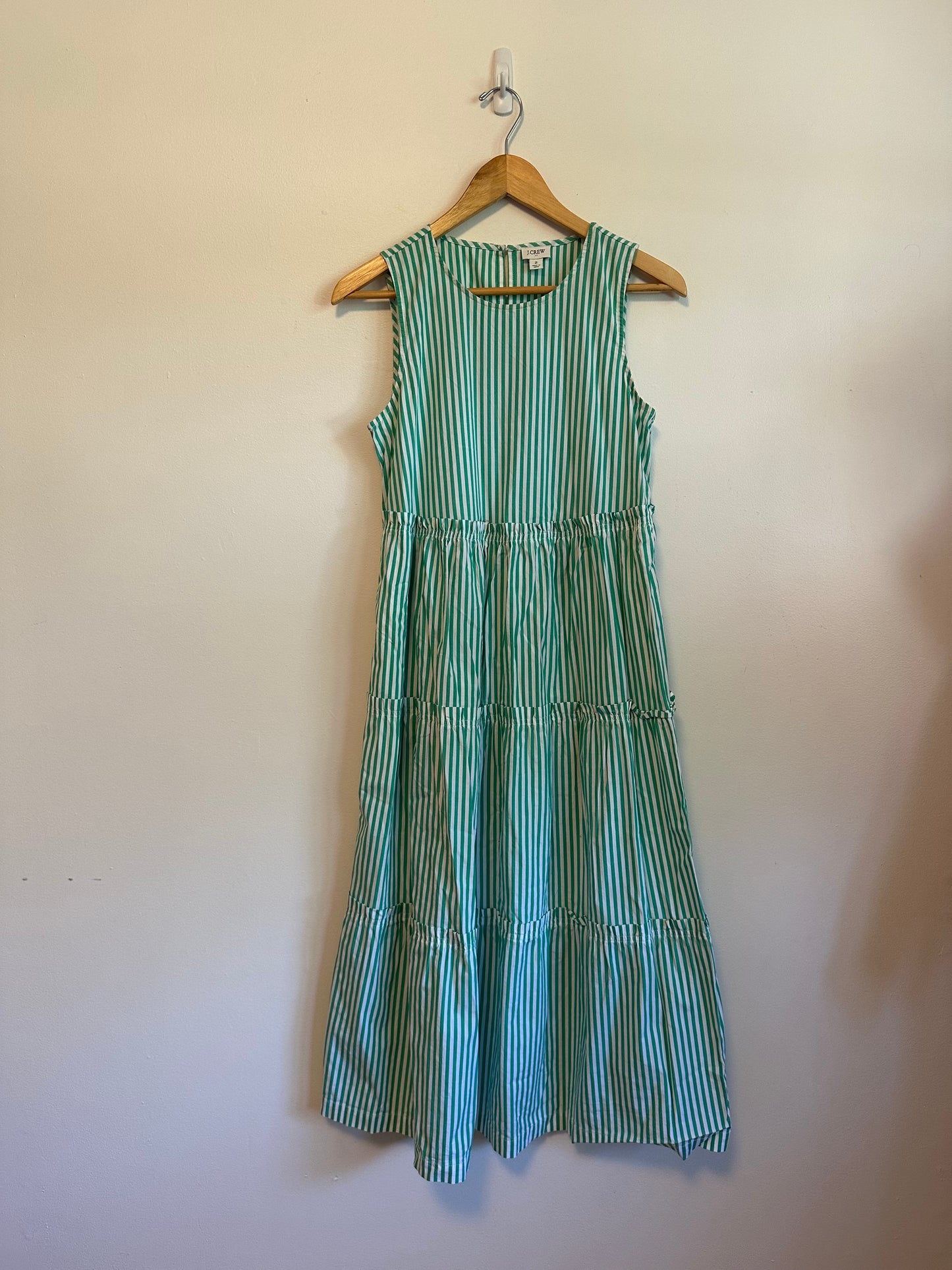 J. Crew Green and White Striped Tiered Sleeveless Dress | Size 2