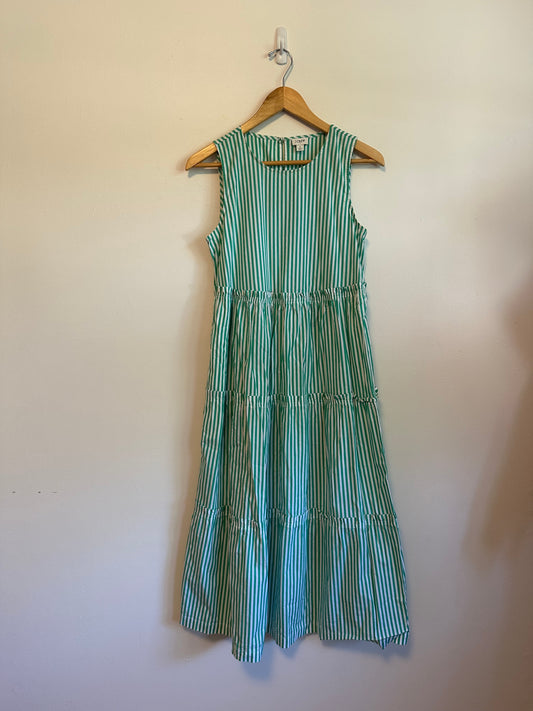 J. Crew Green and White Striped Tiered Sleeveless Dress | Size 2
