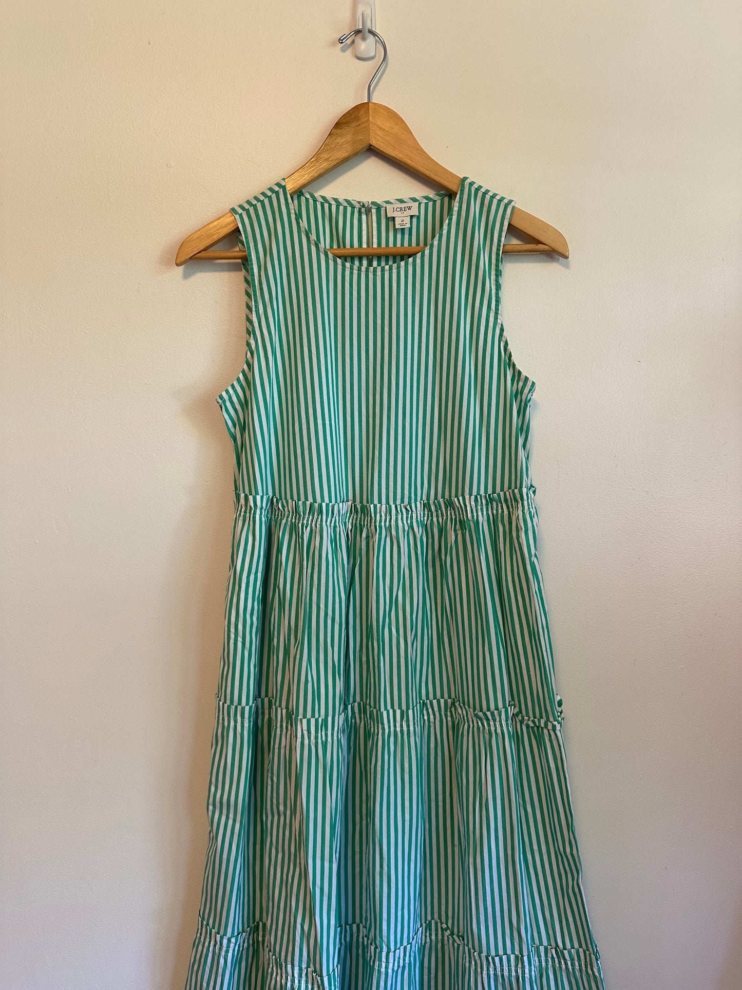 J. Crew Green and White Striped Tiered Sleeveless Dress | Size 2