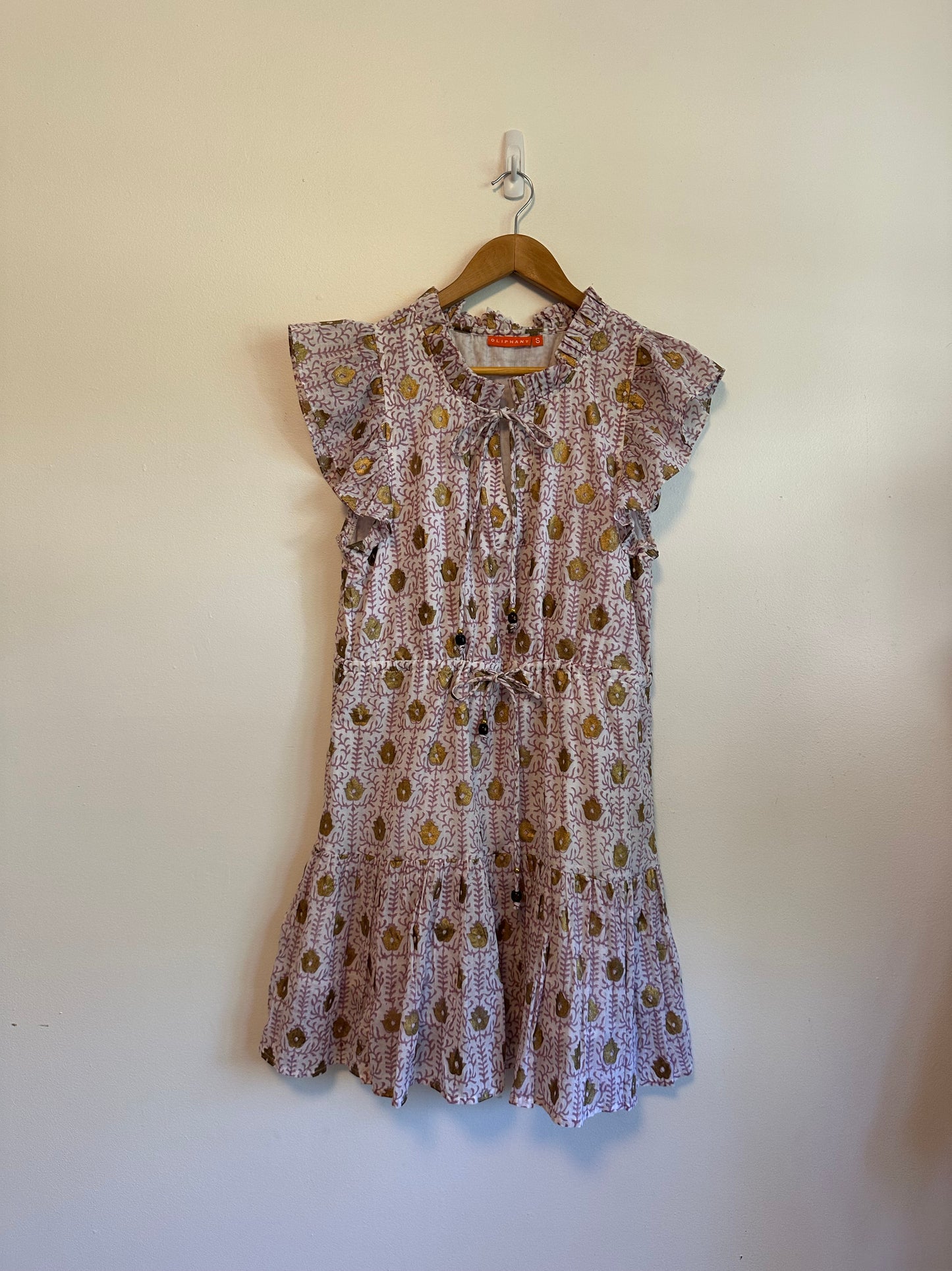 Oliphant Cinched Flirty Cotton Mini Dress in Lilac Gold Floral Block Print | Size Small