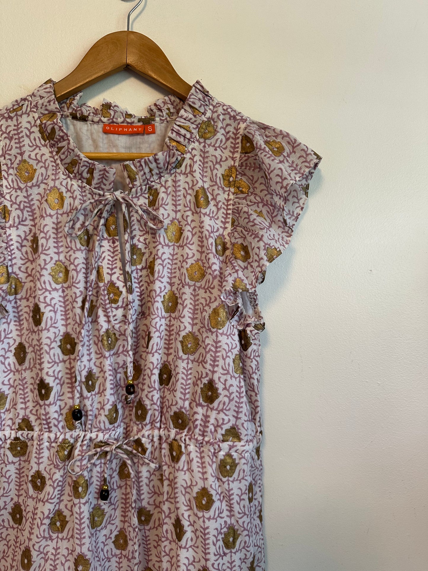 Oliphant Cinched Flirty Cotton Mini Dress in Lilac Gold Floral Block Print | Size Small