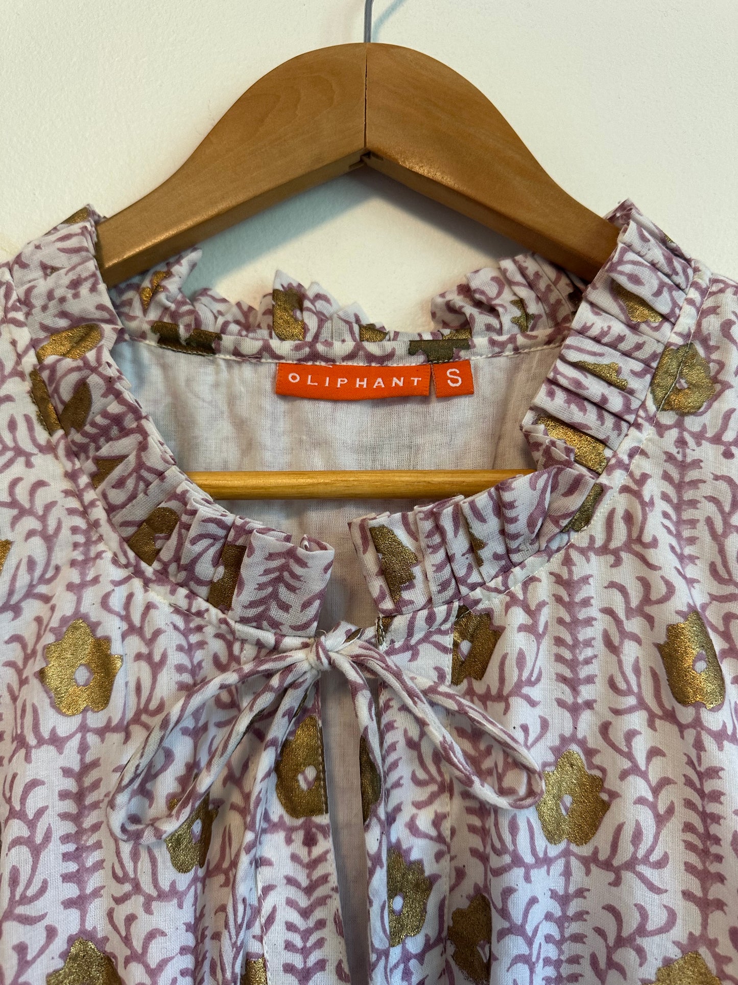Oliphant Cinched Flirty Cotton Mini Dress in Lilac Gold Floral Block Print | Size Small