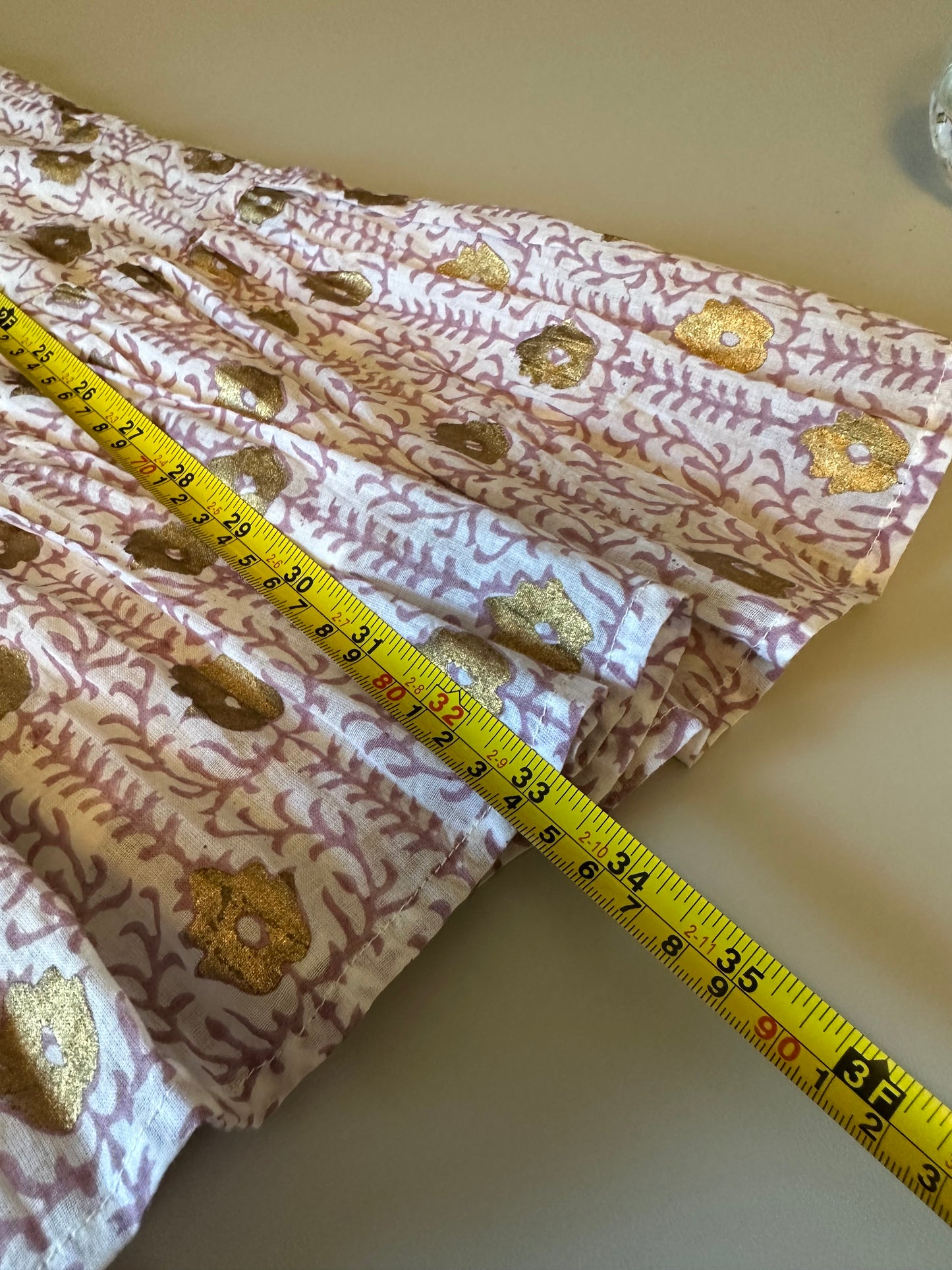 Oliphant Cinched Flirty Cotton Mini Dress in Lilac Gold Floral Block Print | Size Small