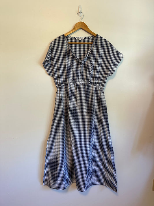 Emerson Fry India Collection Navy Gingham Organic Linen Midi Dress | Size Medium
