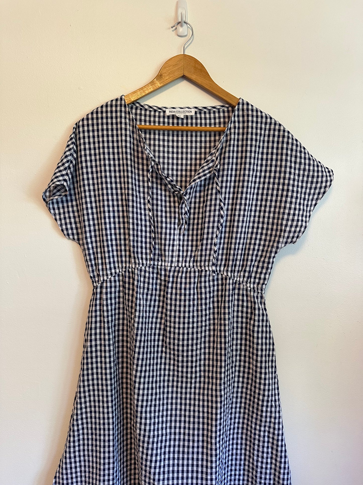 Emerson Fry India Collection Navy Gingham Organic Linen Midi Dress | Size Medium