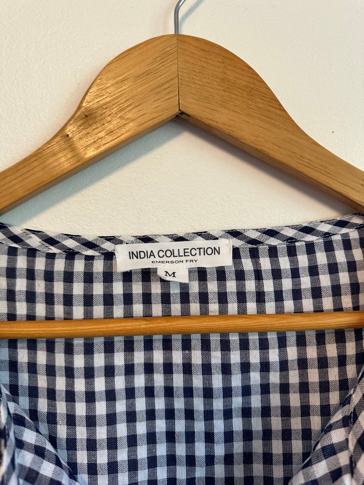Emerson Fry India Collection Navy Gingham Organic Linen Midi Dress | Size Medium