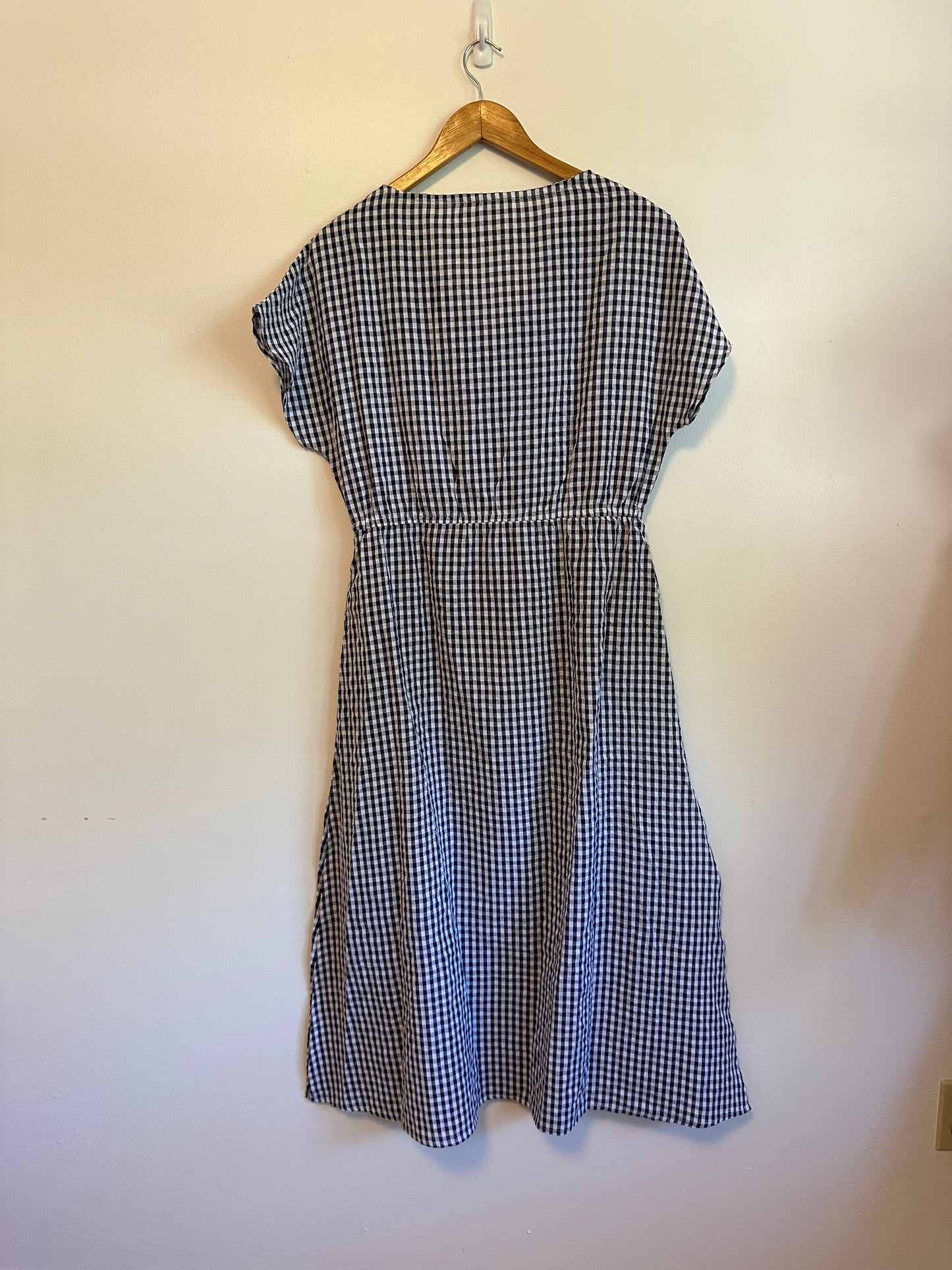 Emerson Fry India Collection Navy Gingham Organic Linen Midi Dress | Size Medium