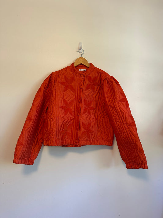 THML Orange Quilted Floral Applique Bomber Jacket | Size Large