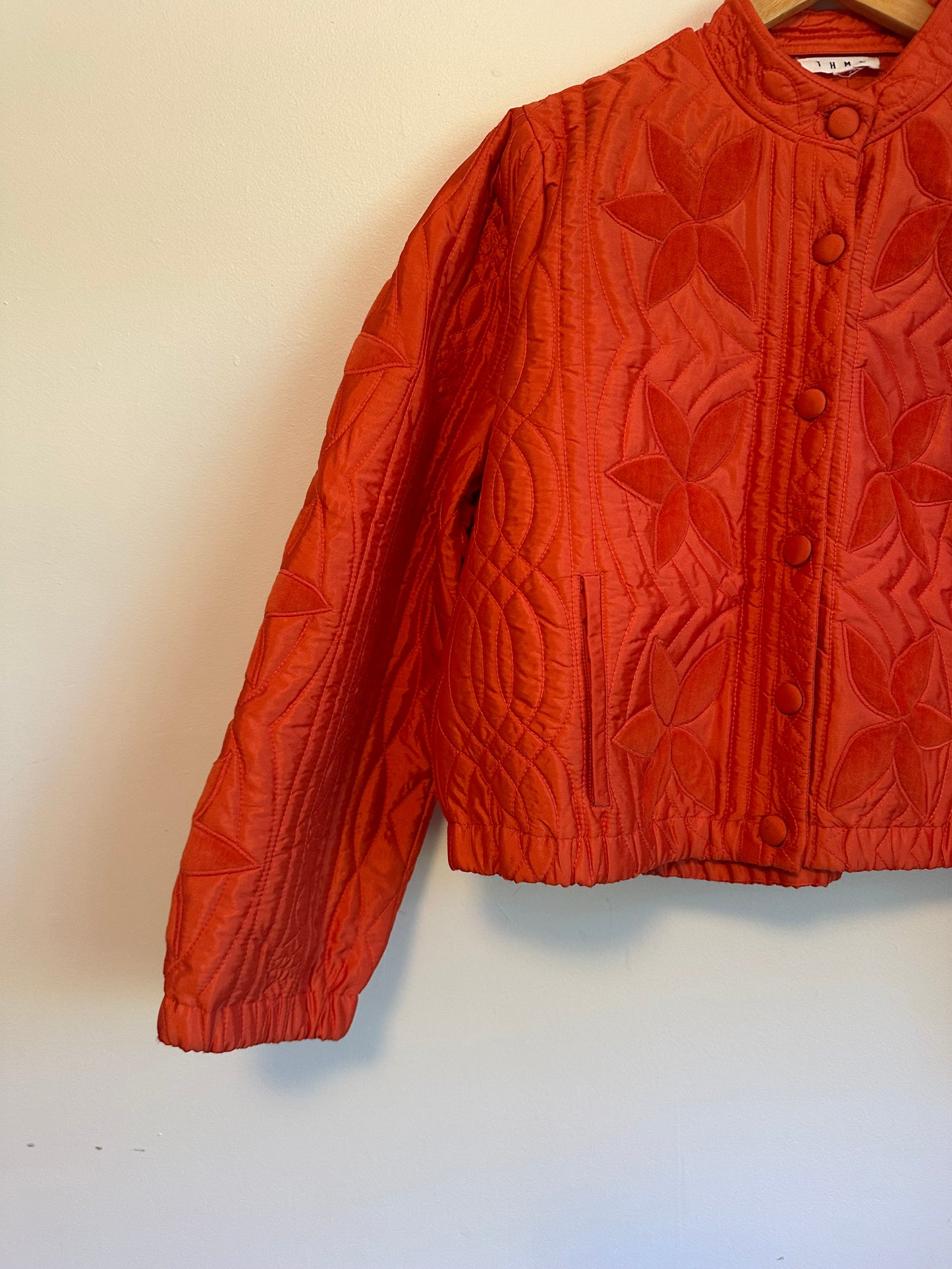 THML Orange Quilted Floral Applique Bomber Jacket | Size Large