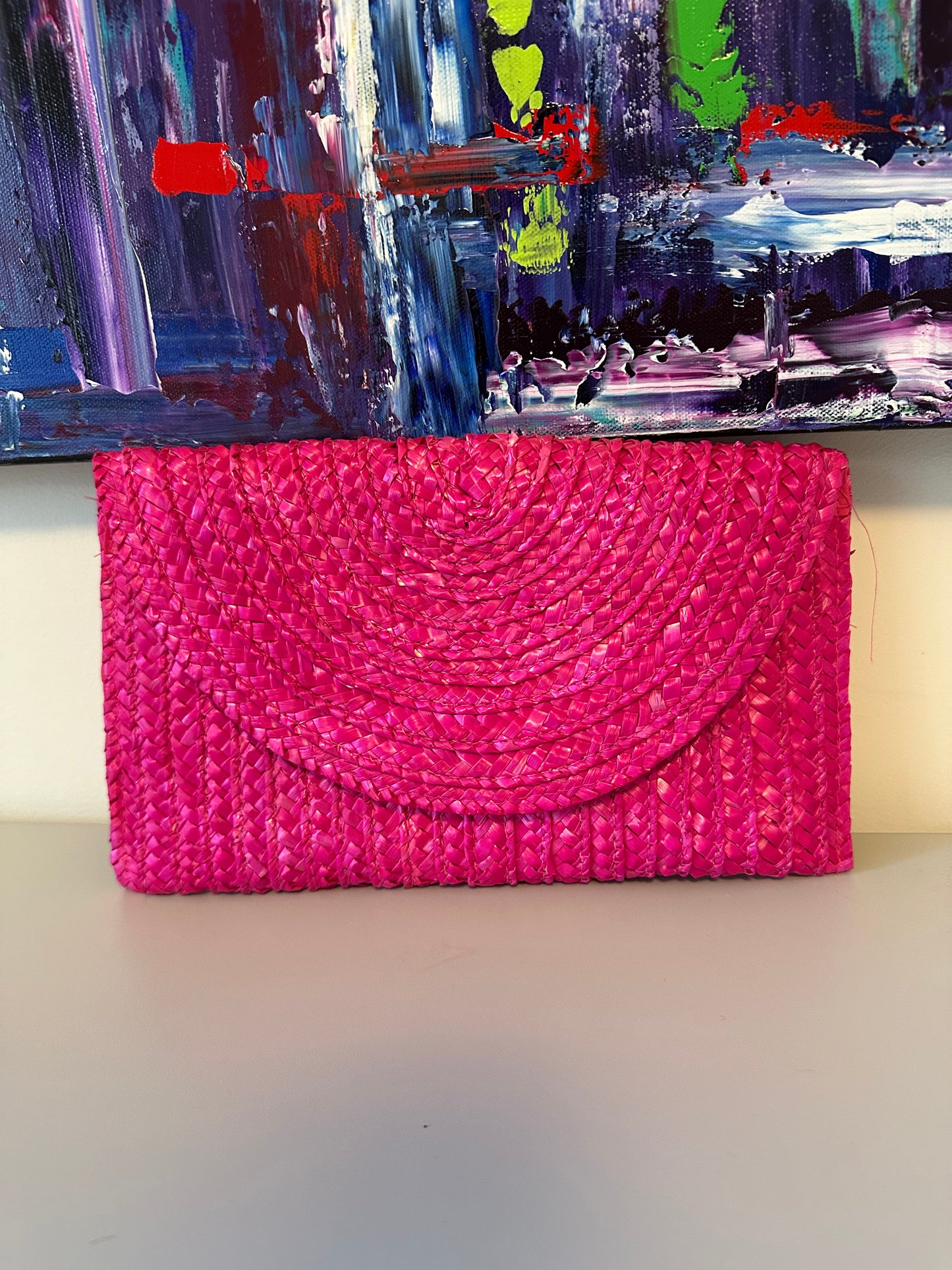 Shiraleah Hot Pink Woven Straw Envelope Clutch Bag