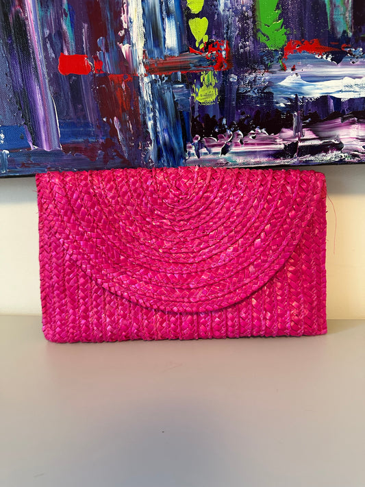 Shiraleah Hot Pink Woven Straw Envelope Clutch Bag