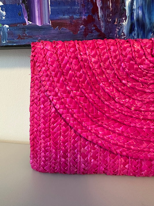 Shiraleah Hot Pink Woven Straw Envelope Clutch Bag