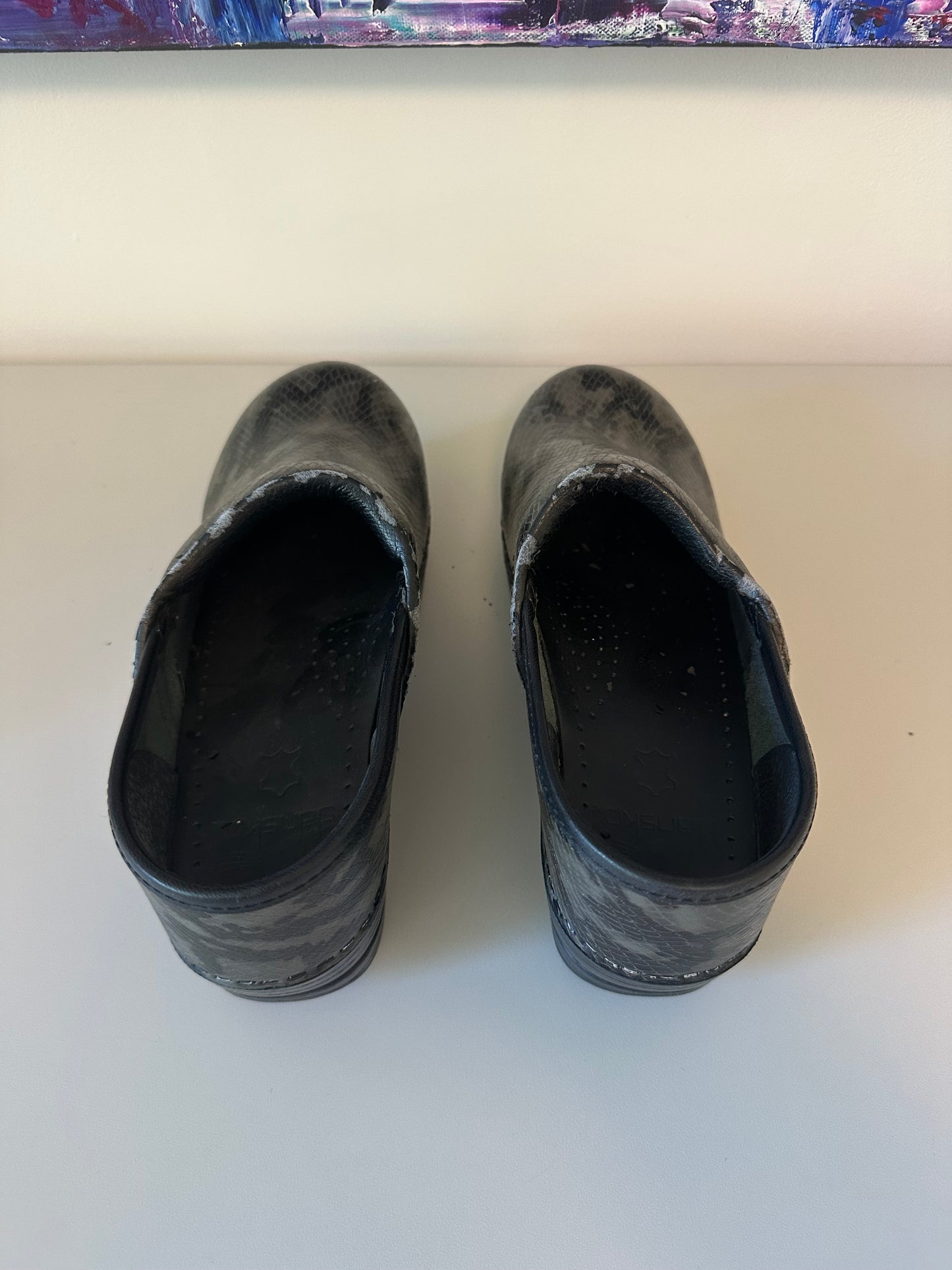 Dansko Professional Grey and Black Snakeskin Leather Clogs | Size 39