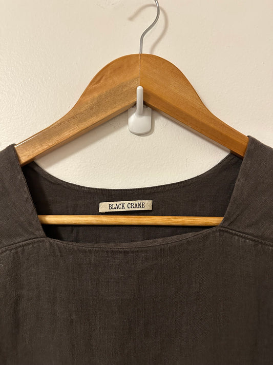 Black Crane Cocoon Short Sleeve Linen Dress in Brown | Size XS