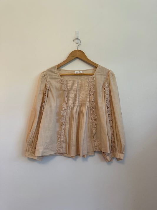GAP Peach Cotton Pintuck Crochet Lace Boho Puff Sleeve Blouse | Size Medium