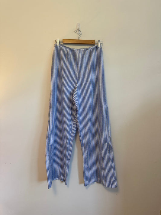 Beachlunchlounge Blue and White Striped Wide Leg Linen Blend Pants | Size Medium