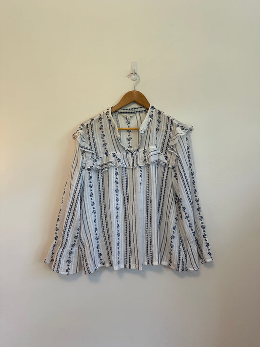 Lucky Brand White and Blue Floral Stripe Ruffle Split Neck Cotton Blouse | Size Large