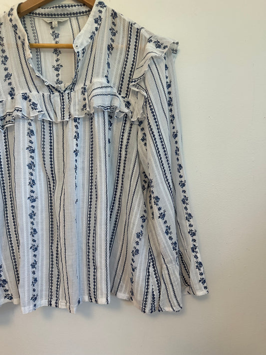 Lucky Brand White and Blue Floral Stripe Ruffle Split Neck Cotton Blouse | Size Large
