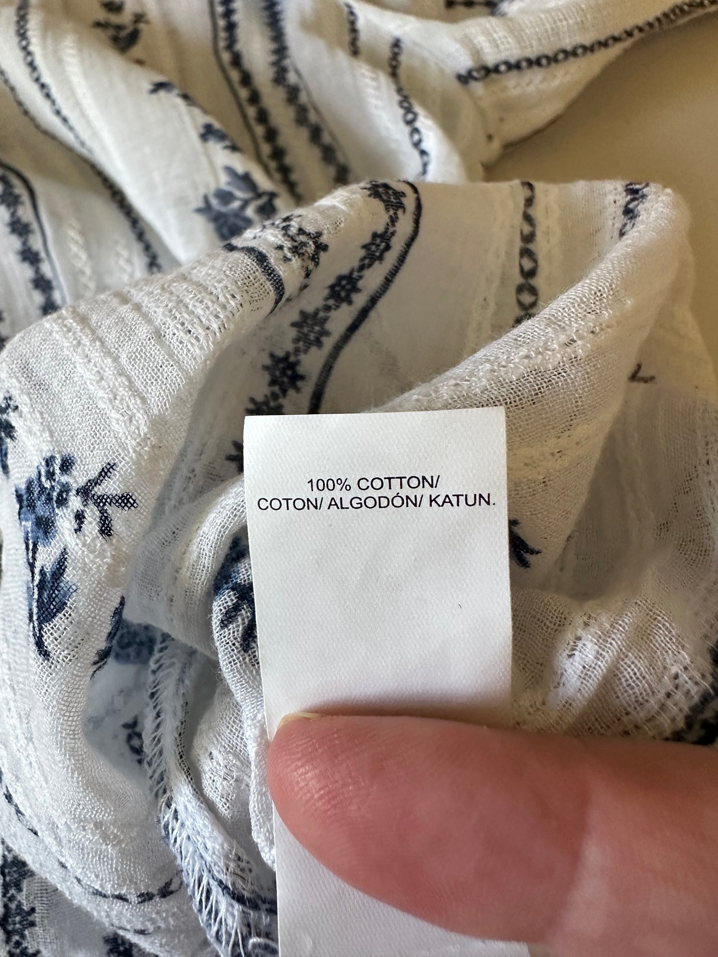 Lucky Brand White and Blue Floral Stripe Ruffle Split Neck Cotton Blouse | Size Large
