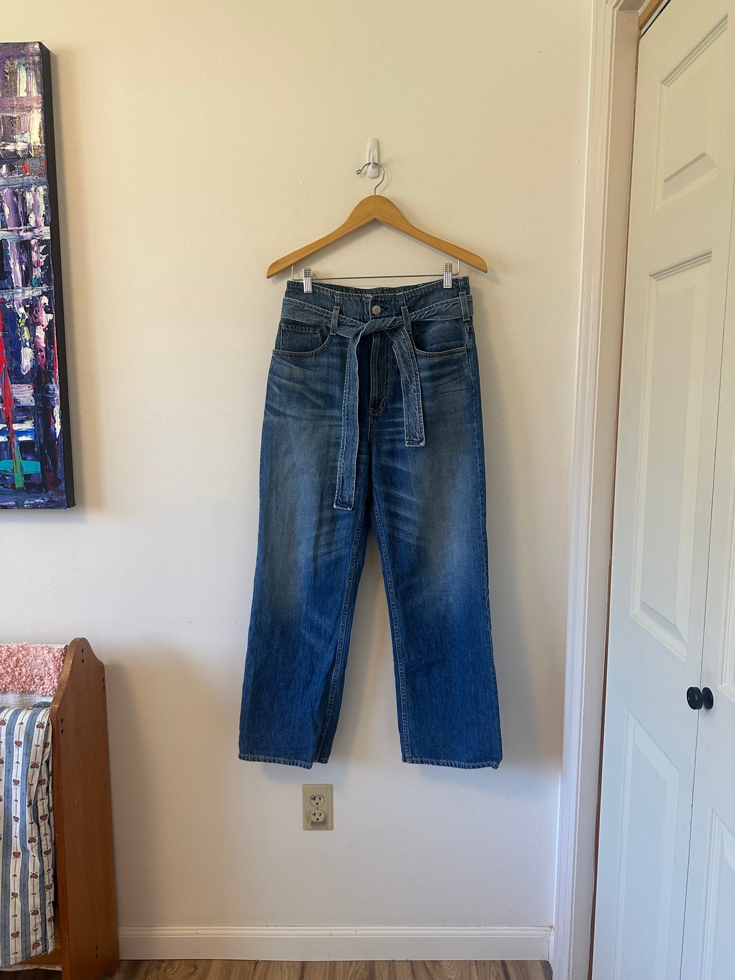 3 x 1 Cotton Straight Leg Belted Paper Bag Waist Blue Jeans | Size 27