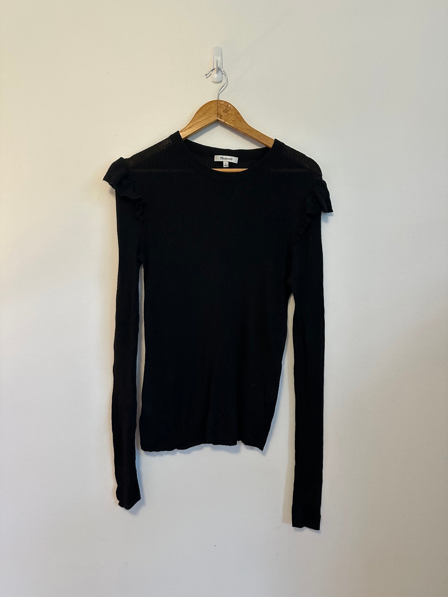 Madewell Black Ruffle Shoulder Ribbed Knit Long Sleeve Sweater | Size Large