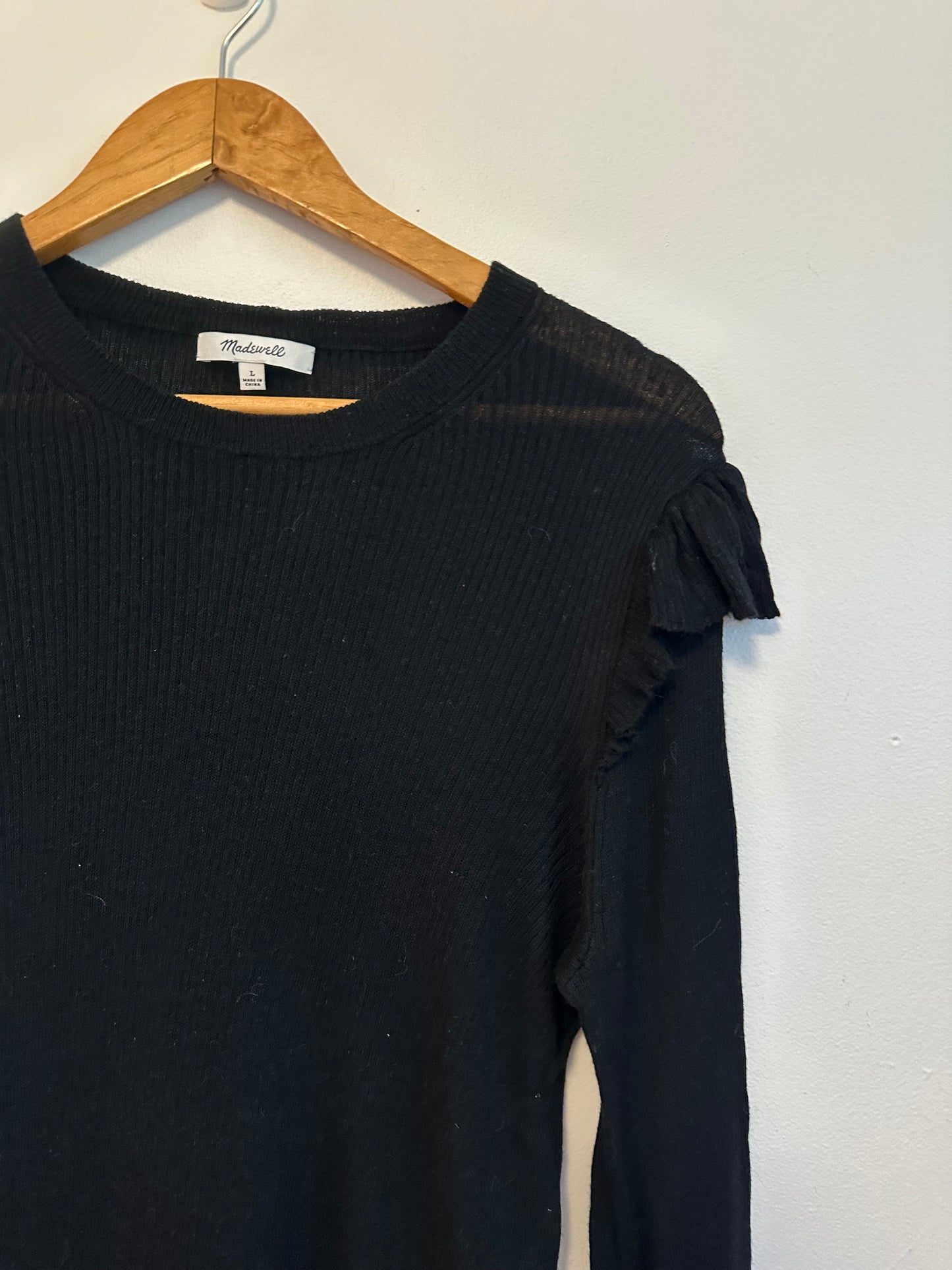 Madewell Black Ruffle Shoulder Ribbed Knit Long Sleeve Sweater | Size Large