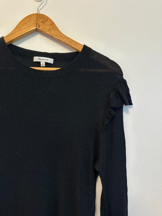Madewell Black Ruffle Shoulder Ribbed Knit Long Sleeve Sweater | Size Large