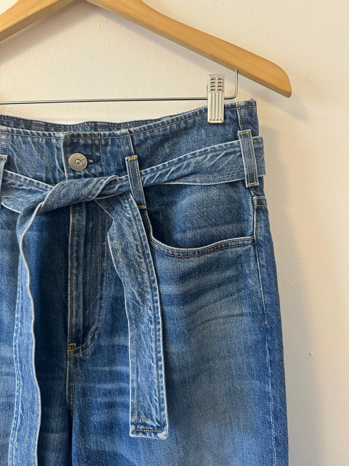 3 x 1 Cotton Straight Leg Belted Paper Bag Waist Blue Jeans | Size 27