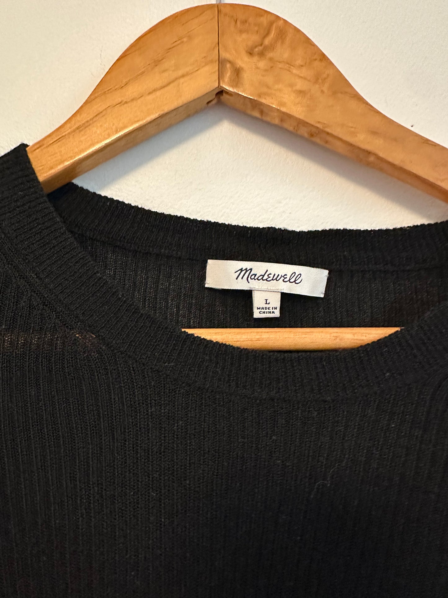 Madewell Black Ruffle Shoulder Ribbed Knit Long Sleeve Sweater | Size Large