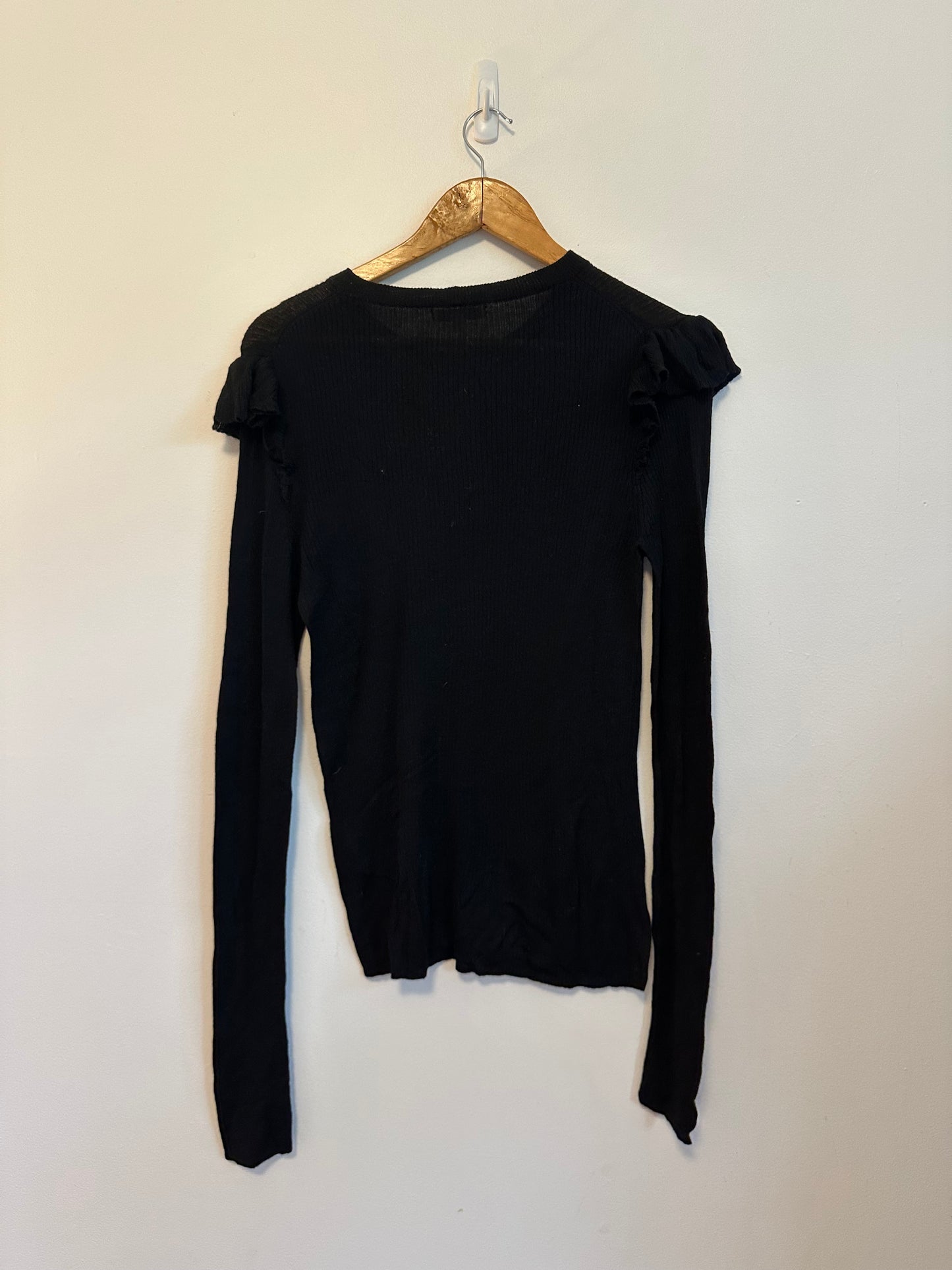 Madewell Black Ruffle Shoulder Ribbed Knit Long Sleeve Sweater | Size Large