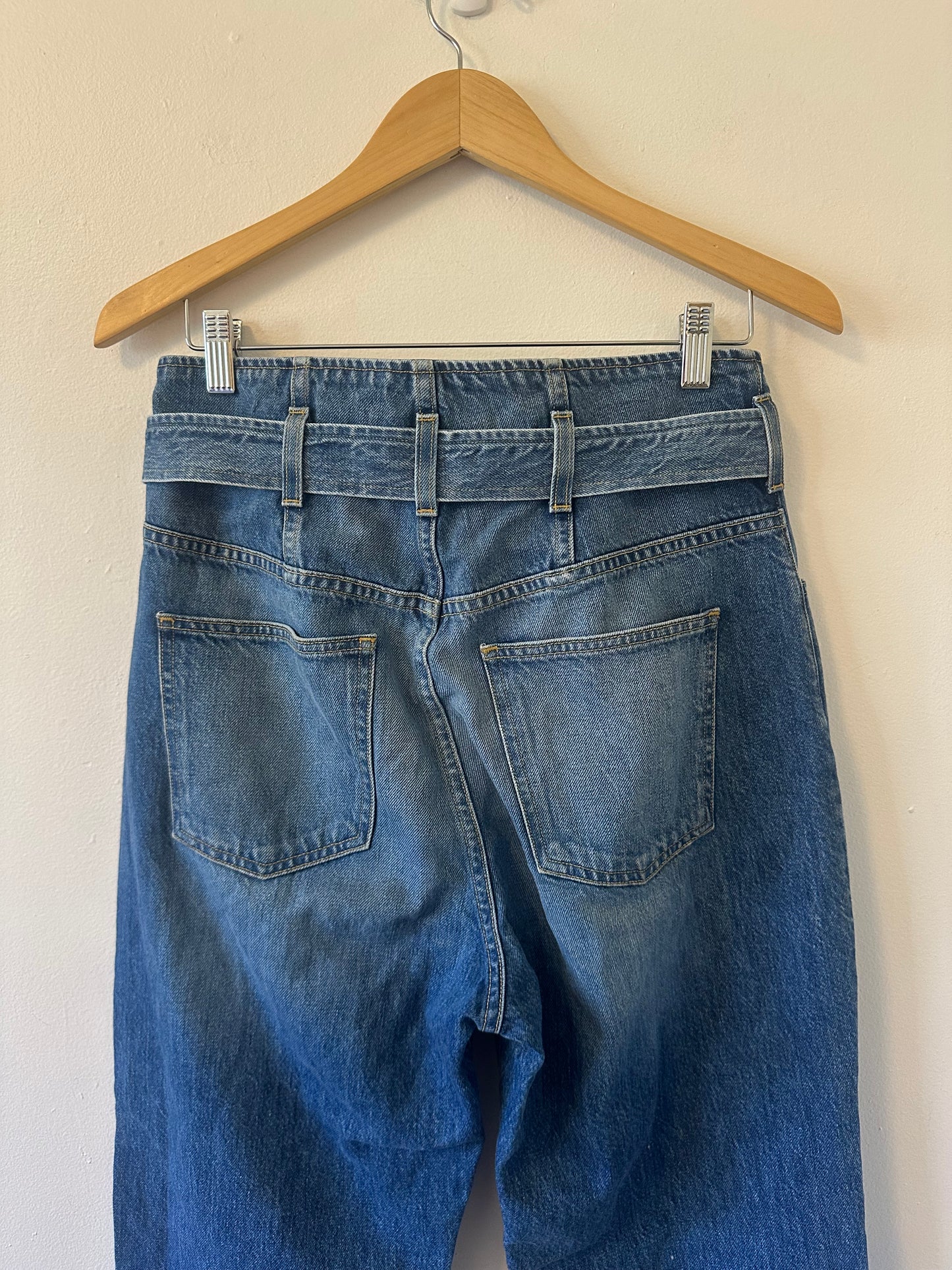 3 x 1 Cotton Straight Leg Belted Paper Bag Waist Blue Jeans | Size 27