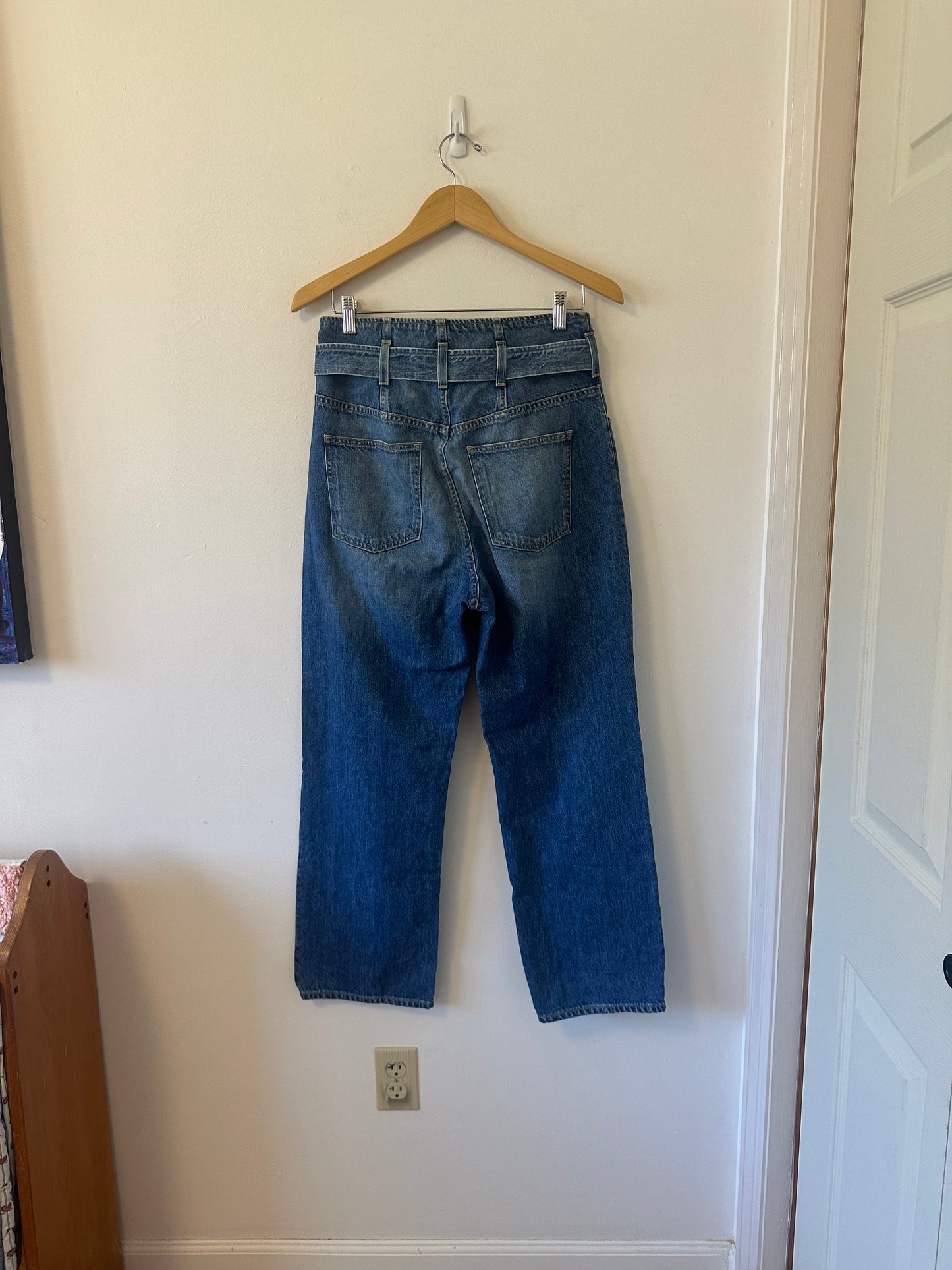3 x 1 Cotton Straight Leg Belted Paper Bag Waist Blue Jeans | Size 27