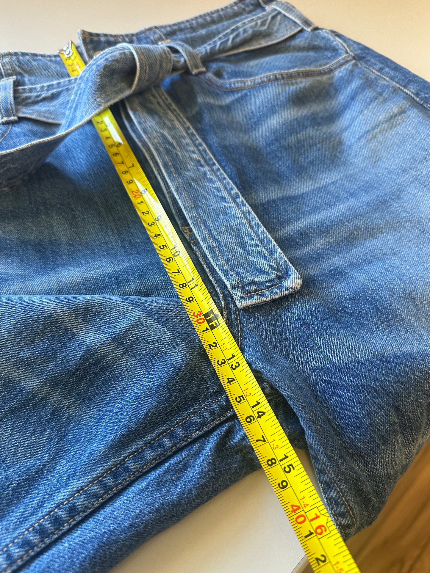 3 x 1 Cotton Straight Leg Belted Paper Bag Waist Blue Jeans | Size 27