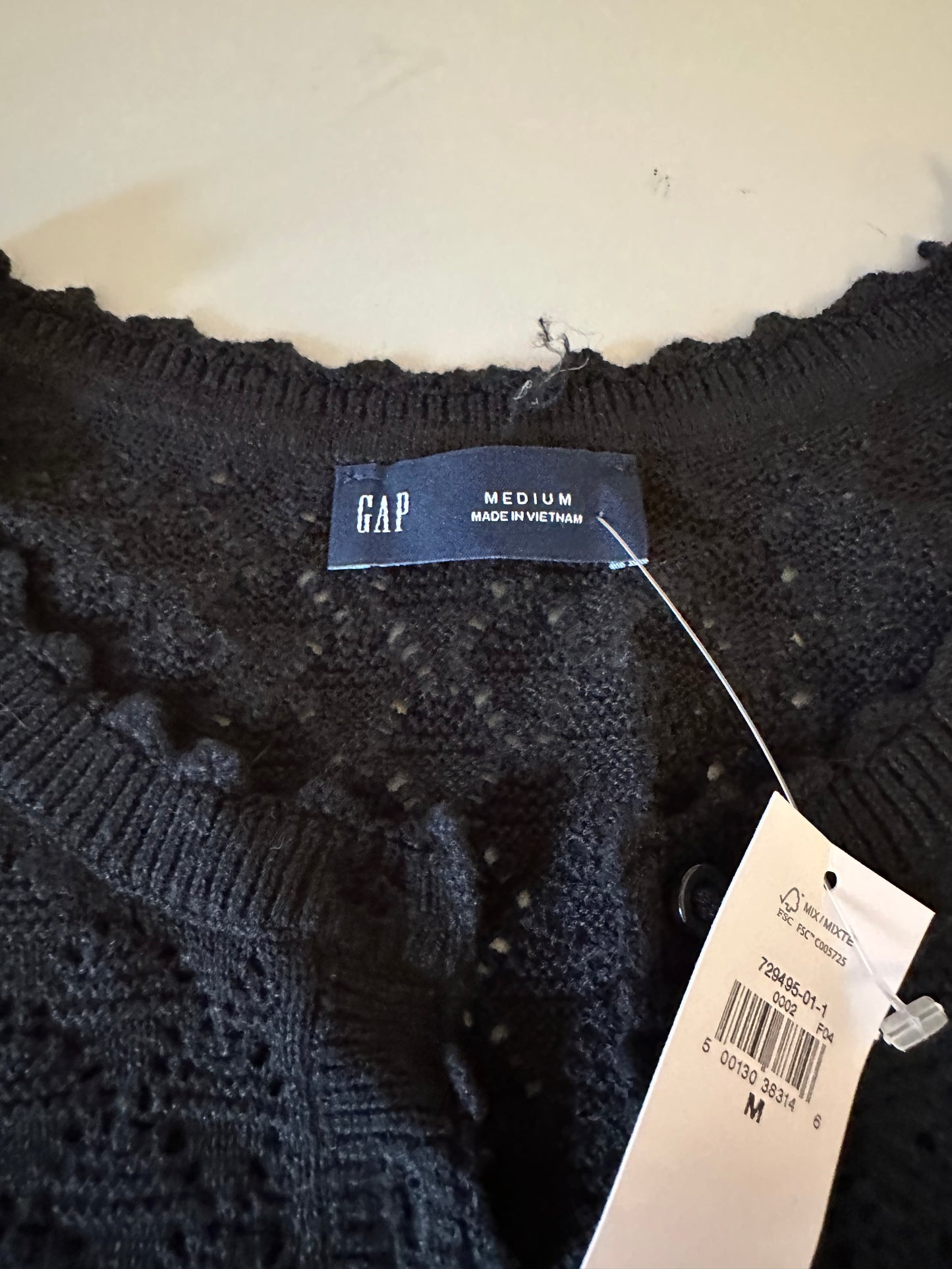 NWT Gap Black Pointelle Knit Henley Short Sleeve Linen Blend Sweater | Size Medium