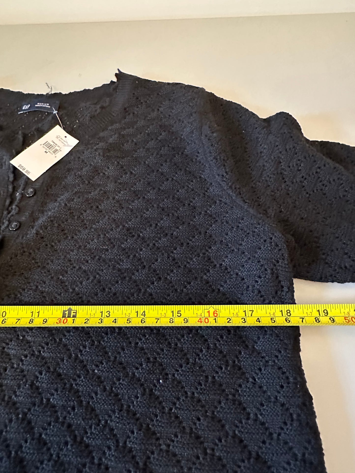 NWT Gap Black Pointelle Knit Henley Short Sleeve Linen Blend Sweater | Size Medium