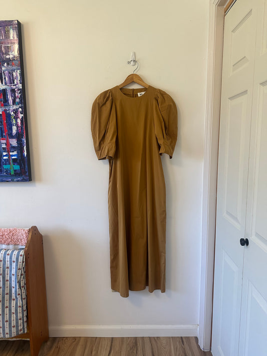 Mr Larkin Puff Sleeve Cotton Dress in Sierra Tan | Size Small