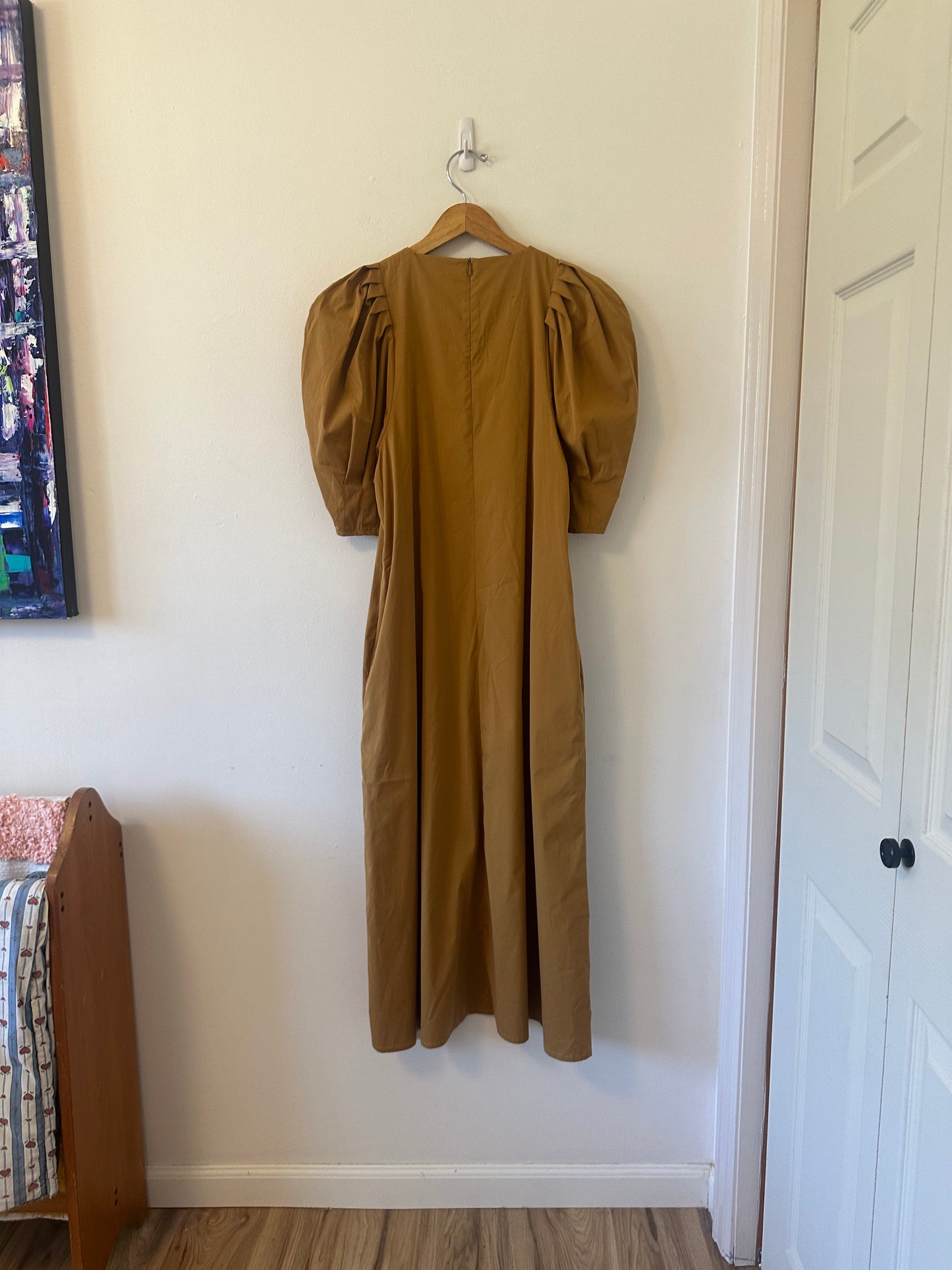 Mr Larkin Puff Sleeve Cotton Dress in Sierra Tan | Size Small