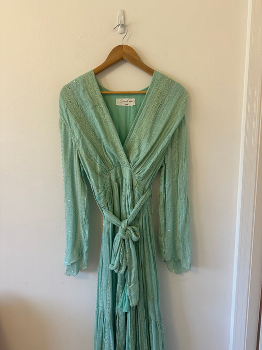 Sundress Mint Green Metallic Sequin Wrap Maxi Dress | Size XS/S